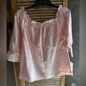 Eyelet ruffle Ophelia and Co peach colored short sleeve ladies blouse
